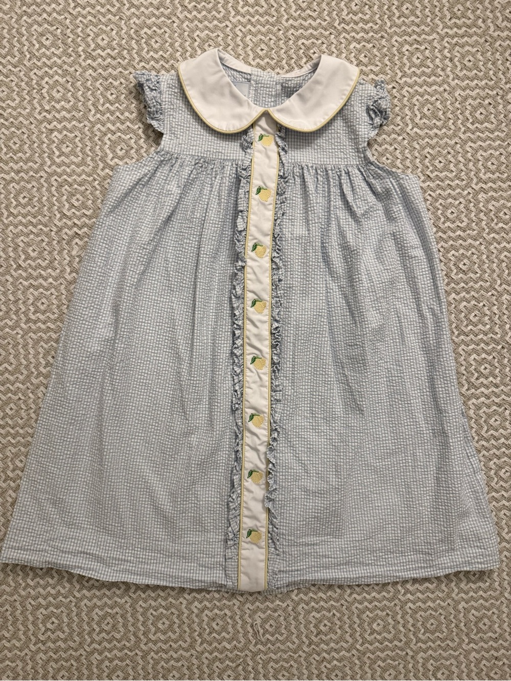 Little English Light Blue Seersucker Dress with White Collar and Lemon Trim